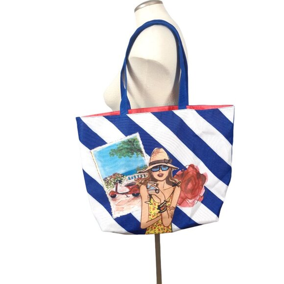 Tote Bag Shopping Beach Travel Cruise Striped Blue White Vespa Girl Vacation - Picture 1 of 5
